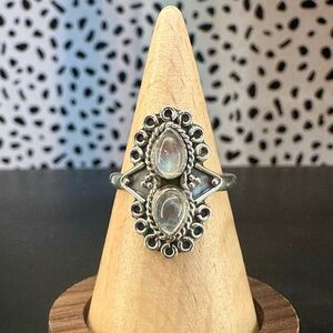 NWT Sterling Silver Double Moonstone Ring Intricate Silver Work Setting
